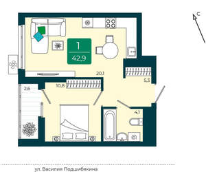 1-к квартира, вторичка, 43м2, 4/16 этаж