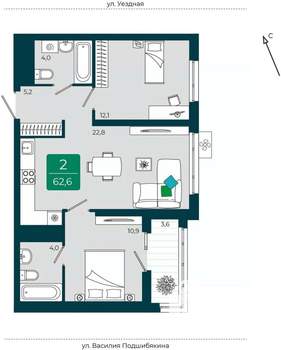 2-к квартира, вторичка, 63м2, 14/16 этаж