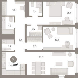 2-к квартира, вторичка, 92м2, 10/25 этаж