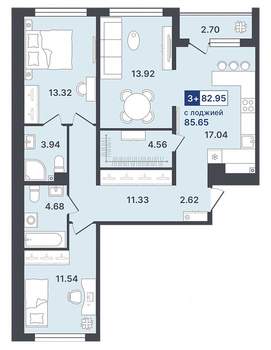 3-к квартира, строящийся дом, 83м2, 2/8 этаж