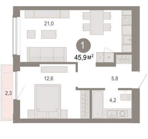 1-к квартира, вторичка, 46м2, 15/17 этаж