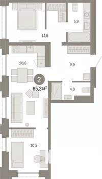 2-к квартира, вторичка, 65м2, 2/25 этаж