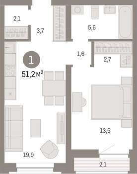 1-к квартира, вторичка, 51м2, 3/10 этаж