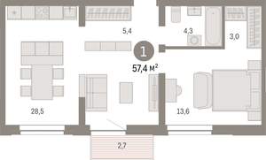 1-к квартира, вторичка, 57м2, 5/10 этаж