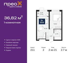 1-к квартира, вторичка, 37м2, 2/21 этаж