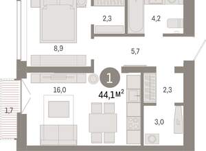 1-к квартира, вторичка, 44м2, 7/16 этаж