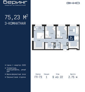 3-к квартира, вторичка, 75м2, 9/22 этаж