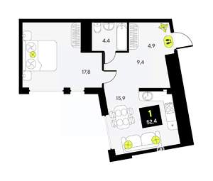 1-к квартира, вторичка, 52м2, 11/17 этаж