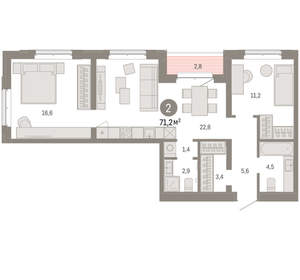 2-к квартира, вторичка, 71м2, 3/11 этаж