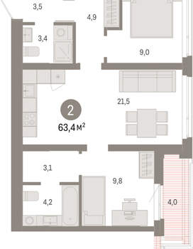 2-к квартира, вторичка, 63м2, 9/25 этаж