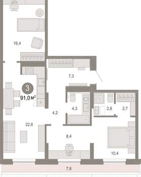 3-к квартира, вторичка, 87м2, 7/17 этаж