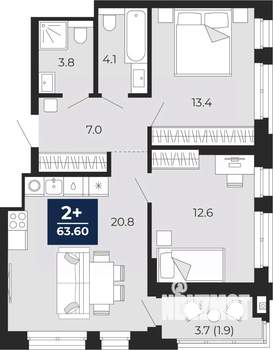 2-к квартира, вторичка, 64м2, 3/16 этаж