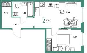 2-к квартира, вторичка, 41м2, 9/25 этаж