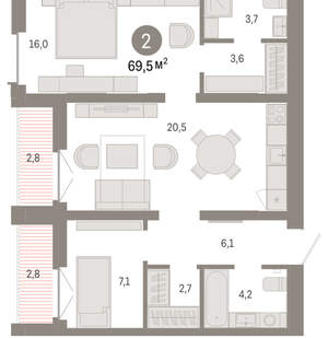 2-к квартира, вторичка, 70м2, 6/16 этаж