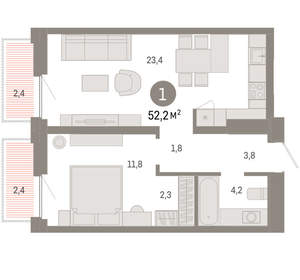 1-к квартира, вторичка, 52м2, 2/16 этаж