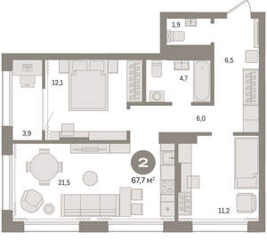 2-к квартира, вторичка, 68м2, 13/17 этаж