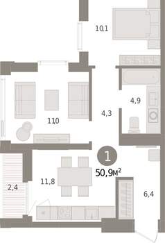 1-к квартира, вторичка, 51м2, 22/25 этаж