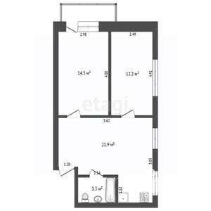 2-к квартира, вторичка, 52м2, 2/5 этаж