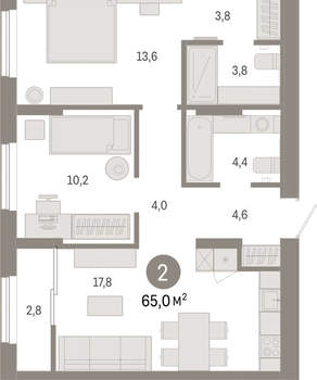 2-к квартира, вторичка, 65м2, 17/17 этаж