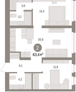 2-к квартира, вторичка, 63м2, 7/16 этаж