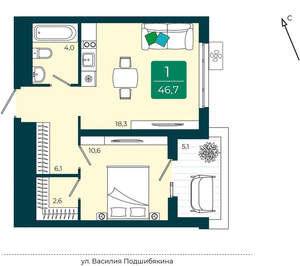 1-к квартира, вторичка, 47м2, 3/16 этаж