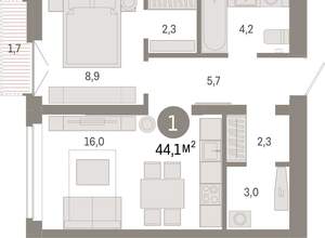 1-к квартира, вторичка, 44м2, 8/16 этаж