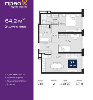 2-к квартира, вторичка, 64м2, 1/20 этаж