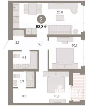 2-к квартира, вторичка, 63м2, 9/9 этаж