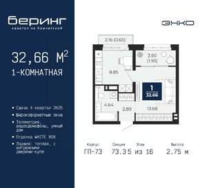 1-к квартира, вторичка, 33м2, 5/16 этаж