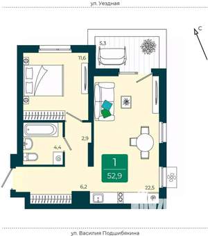 2-к квартира, вторичка, 53м2, 5/9 этаж