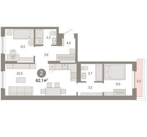 2-к квартира, вторичка, 62м2, 9/17 этаж