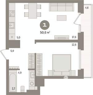 1-к квартира, вторичка, 51м2, 8/9 этаж