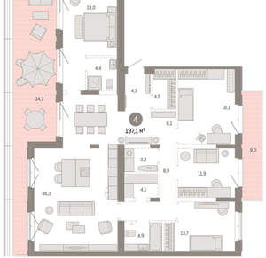 4-к квартира, вторичка, 197м2, 7/11 этаж