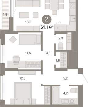2-к квартира, вторичка, 61м2, 2/17 этаж