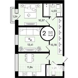 2-к квартира, строящийся дом, 55м2, 2/4 этаж