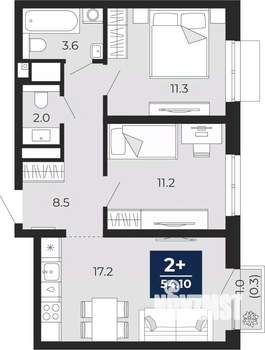 2-к квартира, вторичка, 54м2, 24/25 этаж