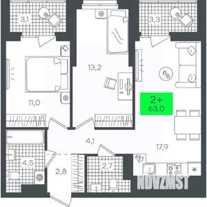 2-к квартира, строящийся дом, 63м2, 21/21 этаж