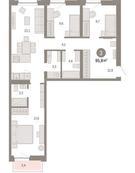3-к квартира, вторичка, 96м2, 4/16 этаж