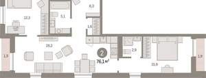2-к квартира, вторичка, 76м2, 16/17 этаж