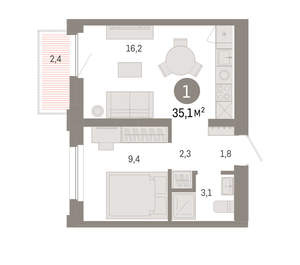 1-к квартира, вторичка, 35м2, 8/16 этаж