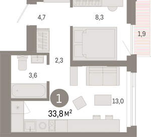 1-к квартира, вторичка, 34м2, 14/25 этаж
