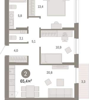 2-к квартира, вторичка, 65м2, 13/17 этаж