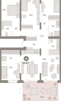 4-к квартира, вторичка, 153м2, 2/11 этаж