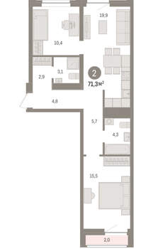 2-к квартира, вторичка, 71м2, 7/10 этаж