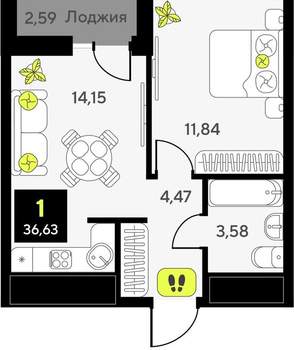 1-к квартира, вторичка, 37м2, 2/14 этаж