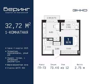 1-к квартира, вторичка, 33м2, 6/22 этаж