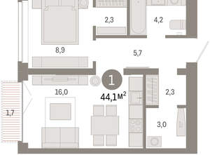 1-к квартира, вторичка, 44м2, 5/16 этаж