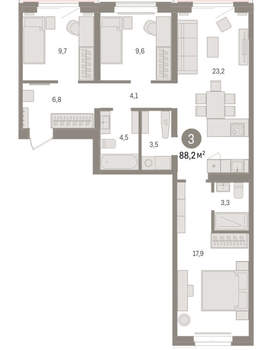 3-к квартира, вторичка, 88м2, 6/16 этаж