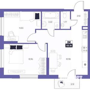2-к квартира, строящийся дом, 55м2, 15/24 этаж