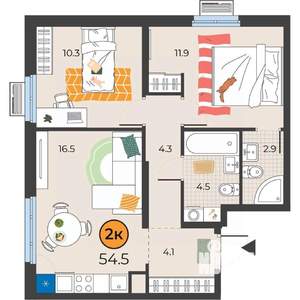 2-к квартира, вторичка, 55м2, 8/15 этаж